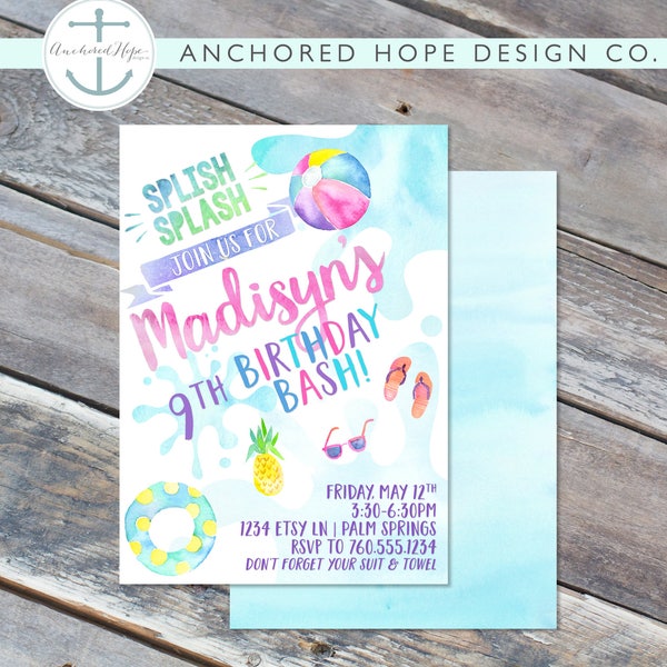 Pool Party Birthday Invitation- 5x7 - Watercolor - Modern - Splish Splash - Girls - Printable File - Cardstock