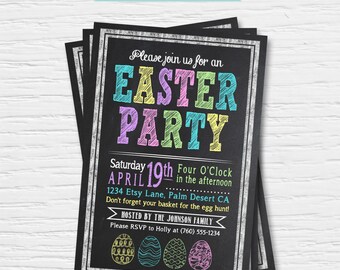 Easter Party Invitation - Chalkboard - Spring - Boy/Girl - Egg Hunt - Card - Digital Printable File