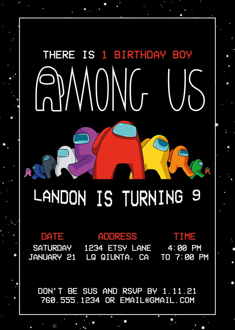 among us birthday invitation 5x7 4x6 video game etsy