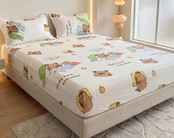 Floral Fitted Sheet | Soft Polyester Bed Sheet | Printed Cartoon Mattress Cover | Breathable Bedding for Adults | Guest Room Decor