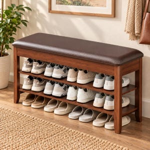 May include: A rectangular wooden shoe storage bench featuring a dark brown padded seat cushion and two open shelves. The structure is made of medium-toned wood and provides organized storage for multiple pairs of sneakers and slip-on footwear.