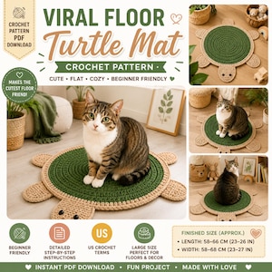 Puede incluir: Una alfombra de crochet verde y beige con forma de tortuga y un gato encima. La alfombra tiene un diseño de caparazón de tortuga y mide aproximadamente 58-66 cm de largo y 58-68 cm de ancho. El texto "Viral Floor Turtle Mat Crochet Pattern" es visible.
