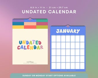 Undated Wall Calendar | 8.5” x 11” Colorful Undated Calendar, Wall Calendar, Large Calendar, Start any time, Rainbow Hanging Wall Calendar