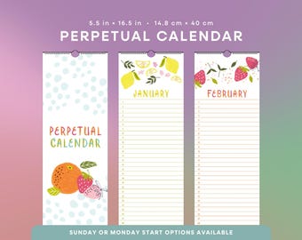 Perpetual Calendar | Fruit Perpetual Calendar 5.5” x 16.5”, Cute Illustrations, Reusable Calendar for Birthday Calendar, Important Dates