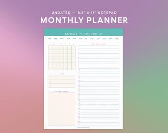 Monthly Overview Notepad | Undated 8.5x11 Goal Setting Planner Pad with Calendar Grid, Important Dates & Birthdays, Notes, and Priorities