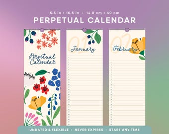 Perpetual Calendar | Floral Perpetual Calendar 5.5” x 16.5”, Flower Illustrations, Reusable Calendar for Birthdays & Important Dates