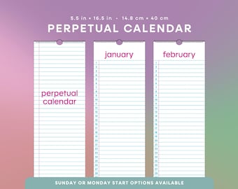Perpetual Calendar | Wide-Ruled Perpetual Calendar 5.5” x 16.5”, Notebook Design, Reusable Calendar for Birthdays & Important Dates