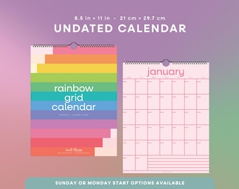 Calendario a griglia arcobaleno / Calendario da parete senza date / Inizio domenica o lunedì / Calendario da appendere formato 8,5" x 11" o A4, Inizio in qualsiasi momento, Calendario e note