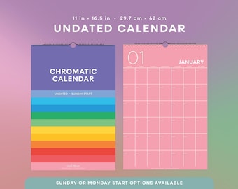 Chromatic Calendar | Undated Large Wall Calendar with Large Dates | Undated Calendar, 11” x 16.5” Hanging Wall Calendar