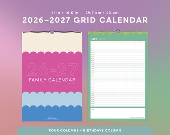Family Household Calendar | Large Family Schedule, Command Center, Large Grid Calendar 11” x 16.5”, Group Schedule, 4-Column Grid Planner