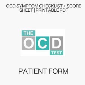 Puede incluir: Documento blanco con el texto "OCD SYMPTOM CHECKLIST + SCORE SHEET | PRINTABLE PDF" en la parte superior. Debajo, un logotipo que dice "THE OCD TEST". Las palabras "PATIENT FORM" están en la parte inferior.