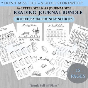 Könnte beinhalten: Ein Lesejournal-Paket mit 15 Seiten druckbaren Vorlagen, darunter Buch-Bingo, Lesetracker, eine 50-Bücher-Herausforderung und Journalblätter mit Buchillustrationen. Der Text enthält "DON'T MISS OUT - & 50 OFF STOREWIDE!" und "Trunk Full off Plans."