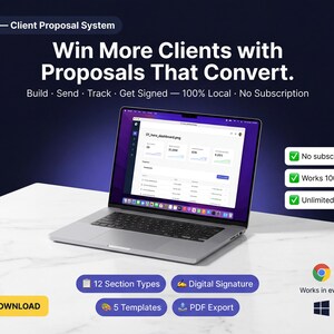 Modèle de proposition de travail indépendant HTML | Générateur de propositions client | Signature, calculateur de prix, exportation PDF | Pas d'abonnement | Téléchargement instantané