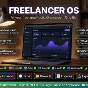 Może przedstawiać: Laptop z interfejsem "Freelancer OS", zestaw narzędzi dla freelancerów. Ekran pokazuje pulpit nawigacyjny z danymi finansowymi. Tekst zawiera "Finance Tracker PRO", "TimeTrack PRO" i "Pricing Calculator".