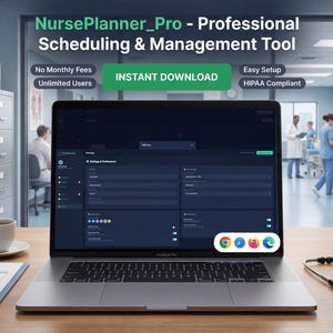 Może przedstawiać: Laptop z interfejsem oprogramowania NursePlanner_Pro stoi na drewnianym biurku. Ekran pokazuje interfejs o ciemnej tematyce z różnymi opcjami. Na biurku znajdują się również filiżanka kawy, schowek z długopisem i stetoskop. Tło sugeruje środowisko medyczne.