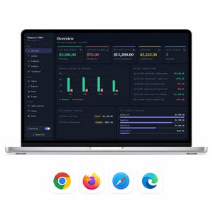 Pode incluir: Um laptop prateado exibindo um painel financeiro com gráficos e dados. A tela mostra receita, despesas e transações. Abaixo do laptop, quatro ícones de navegadores web: Chrome, Firefox, Safari e Edge.