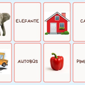 May include: A set of eight educational flashcards arranged in two rows. The cards feature illustrations of an elephant, a house, a yellow bus, and a red bell pepper, paired with the Spanish text labels ELEFANTE, CASA, AUTOBÚS, and PIMIENTO.
