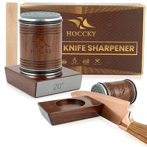 Walnut Wood Knife Sharpener Kit: Diamond Ceramic Discs, 15/20 Degree Angles, Leather Strop