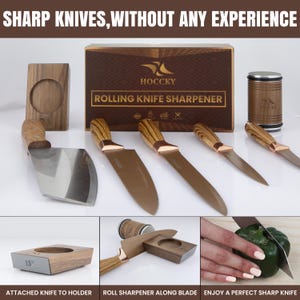 May include: A HOCKKY rolling knife sharpener set featuring a brown box with text, a cylindrical sharpener, a wooden magnetic holder, and four knives with wood-grain handles and copper-colored bolsters. Includes instructional images showing a 15-degree angle.
