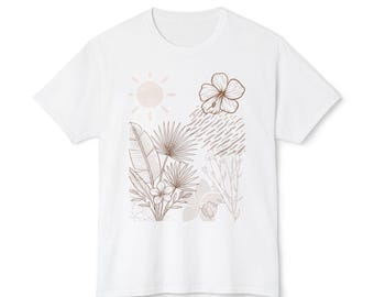 Neutral Botanical Sunflower Floral Illustration T-shirt | Minimal Line Art Nature