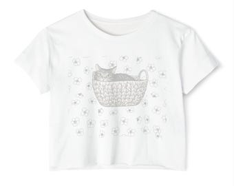Sleeping Cat in Woven Basket Crop Top | Floral Doodle