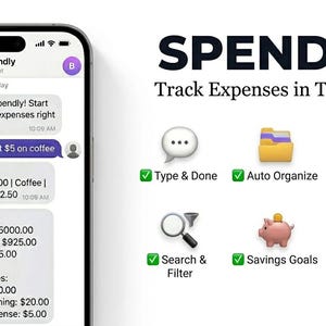 Könnte beinhalten: Ein Smartphone-Bildschirm zeigt die Spendly-App, die zur Ausgabenverfolgung in Telegram entwickelt wurde. Die Benutzeroberfläche hebt Funktionen wie 'Type & Done', 'Auto Organisieren' und 'Berichte' sowie Ausgabenübersichten hervor.