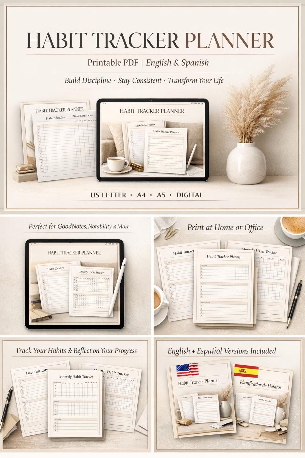Habit Tracker Printable PDF | Daily Weekly Monthly Planner | Minimalist ...