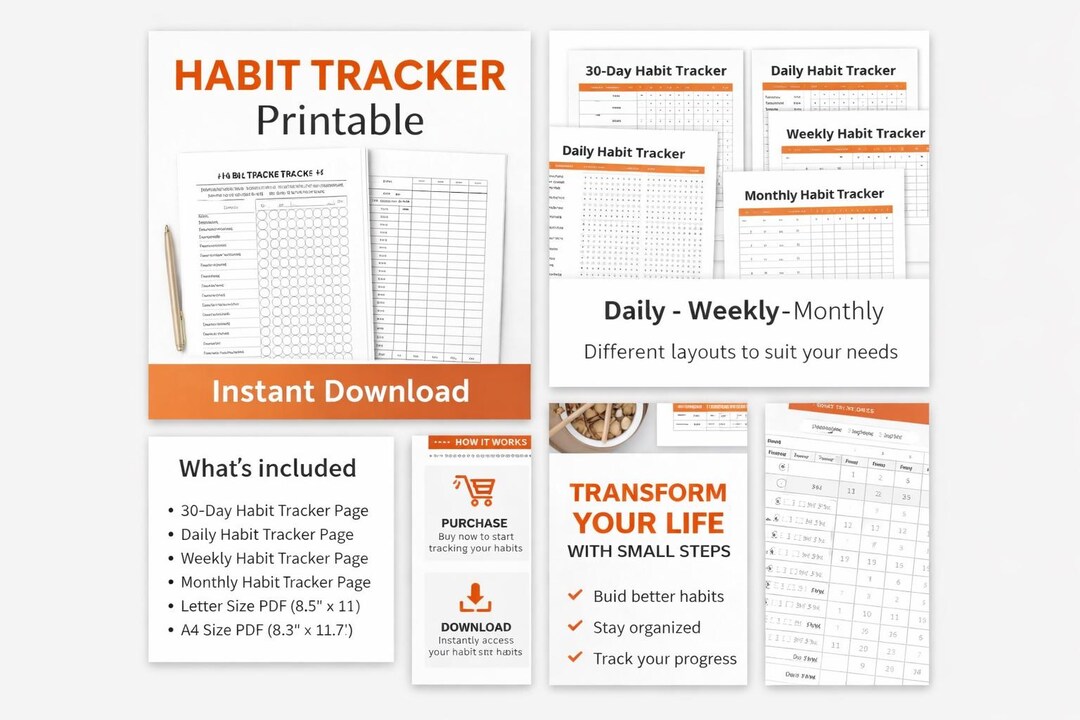 Habit Tracker Printable | Daily Weekly Monthly Habit Tracker | 30 Day ...