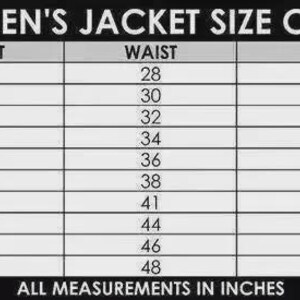 Peut inclure: Tableau des tailles de vestes pour femmes en noir et blanc. Il comprend les tailles XS &agrave; 6XL, avec les mesures de poitrine, taille, hanches et longueur des manches en pouces. Le texte "ALL MEASUREMENTS IN INCHES" est en bas.