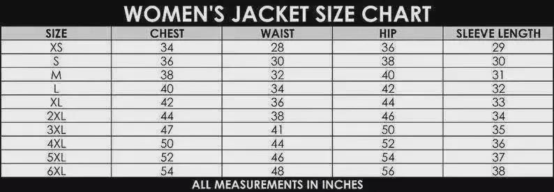 Peut inclure: Tableau des tailles de vestes pour femmes en noir et blanc. Il comprend les tailles XS &agrave; 6XL, avec les mesures de poitrine, taille, hanches et longueur des manches en pouces. Le texte "ALL MEASUREMENTS IN INCHES" est en bas.