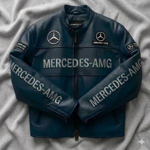 Handmade Mercedes-AMG Racing Leather Jacket – Elite F1 Motorsport Biker Gear – Professional Streetwear Coat – Grand Prix Rider Jacket