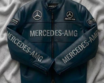Giacca in pelle da corsa Mercedes-AMG realizzata a mano – Abbigliamento da motociclista d'élite per sport motoristici F1 – Cappotto streetwear professionale – Giacca da pilota di Gran Premio