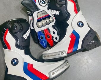 Handmade BMW Motorcycle Racing Boots & Gloves Set – Professional MotoGP Riding Gear – Elite Leather Biker Protection Kit