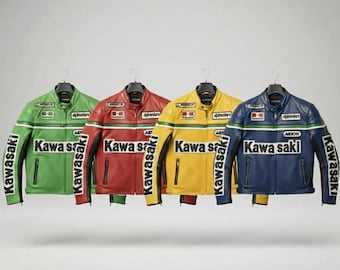 Giacca in pelle da corsa Kawasaki fatta a mano / Equipaggiamento da motociclista in vera pelle di vacchetta