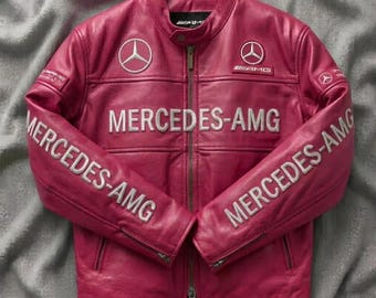 Giacca in pelle da corsa Mercedes-AMG realizzata a mano – Abbigliamento da motociclista Elite F1 verde per sport motoristici – Cappotto streetwear professionale – Giacca da pilota di Gran Premio