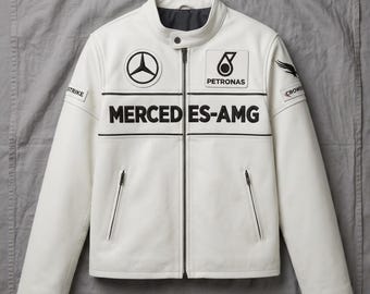 Blouson de course blanc Mercedes AMG fait main - Manteaux de moto en cuir de qualité supérieure - Manteau de moto tendance zippé