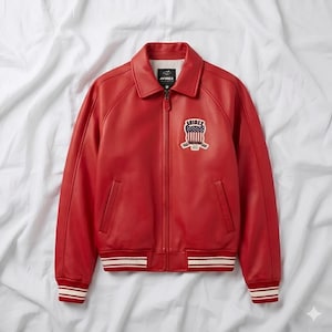 Peut inclure: Veste en cuir rouge vif avec un col classique et une fermeture &eacute;clair. Elle est orn&eacute;e d'un &eacute;cusson au design patriotique et du nom de la marque. Les poignets et l'ourlet sont orn&eacute;s de rayures blanches et rouges. La veste est pr&eacute;sent&eacute;e sur fond blanc.