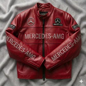 May include: A red leather jacket with the Mercedes-AMG logo and text. The jacket has a stand-up collar, a front zipper, and the Mercedes-AMG logo on the chest and sleeves. The sleeves also feature the text "MERCEDES-AMG".