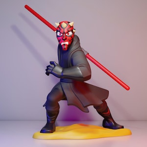 May include: A figurine of Darth Maul, a character from Star Wars, in a dynamic pose. The figure is predominantly black and red, with a red double-bladed lightsaber. It stands on a yellow base against a gradient background.