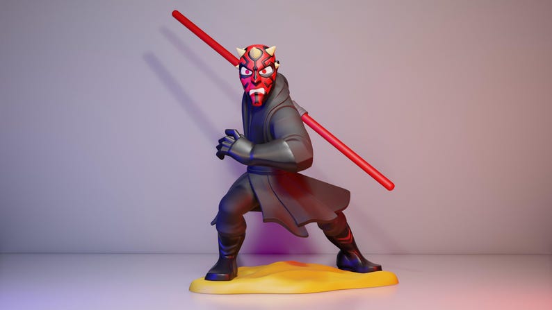 May include: A figurine of Darth Maul, a character from Star Wars, in a dynamic pose. The figure is predominantly black and red, with a red double-bladed lightsaber. It stands on a yellow base against a gradient background.