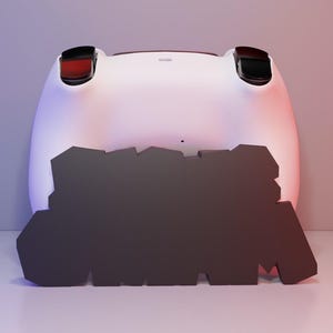 May include: A white gaming controller with black and red accents. The controller has a dark gray geometric shape in front of it. The background is a gradient of purple and pink.