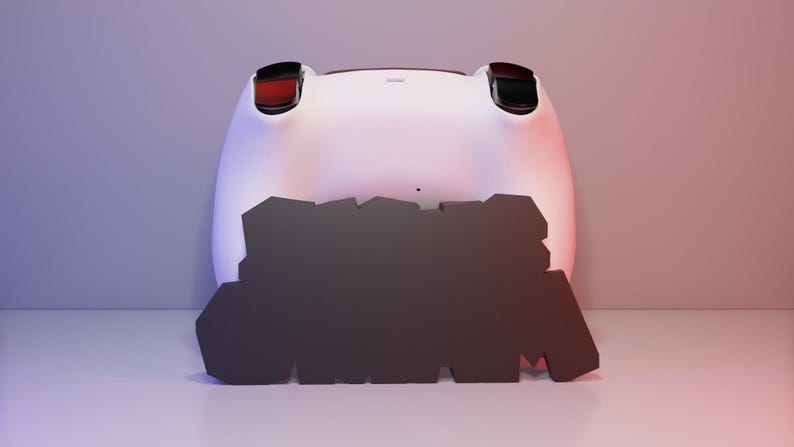 May include: A white gaming controller with black and red accents. The controller has a dark gray geometric shape in front of it. The background is a gradient of purple and pink.