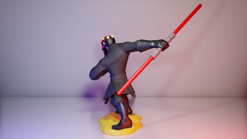 May include: A black figure of a character with red and black facial markings, holding a red double-bladed lightsaber. The figure is posed on a yellow base, set against a gradient background of white, purple, and red.