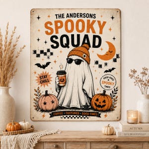 Insegna in metallo personalizzata in stile retrò per Halloween, insegna personalizzata con nome di famiglia "Spooky Squad", decorazione vintage a tema fantasma per il caffè, decorazione murale personalizzata per Halloween, 12*16''