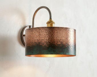 ヴィンテージ銅製壁掛け照明、緑青のモロッコ風ランプ、素朴な農家風照明、ミッドセンチュリー照明