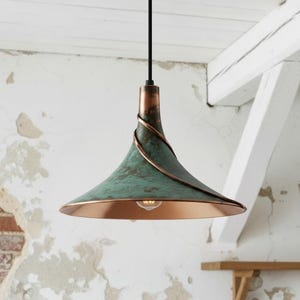 Handmade Hammered Copper Pendant Light, Green Patina Dome Lamp Shade