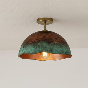 Hammered Copper Flush Mount Light, Green Patina Dome Fixture, Rustic Farmhouse Lighting