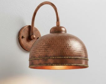 Hammered Copper Dome Wall Sconce | Rustic Farmhouse Brass Trim Light Fixture