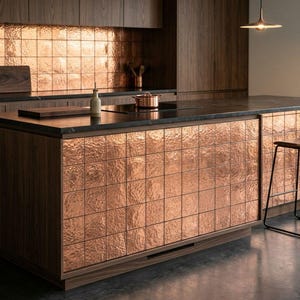 Handcrafted Hammered Copper Tiles – Modern Rustic Kitchen Backsplash – Square Copper Wall Panels