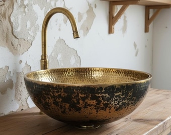 Hammered Brass Vessel Sink | Antique Gold Patina Bathroom Bowl Vanity Sink